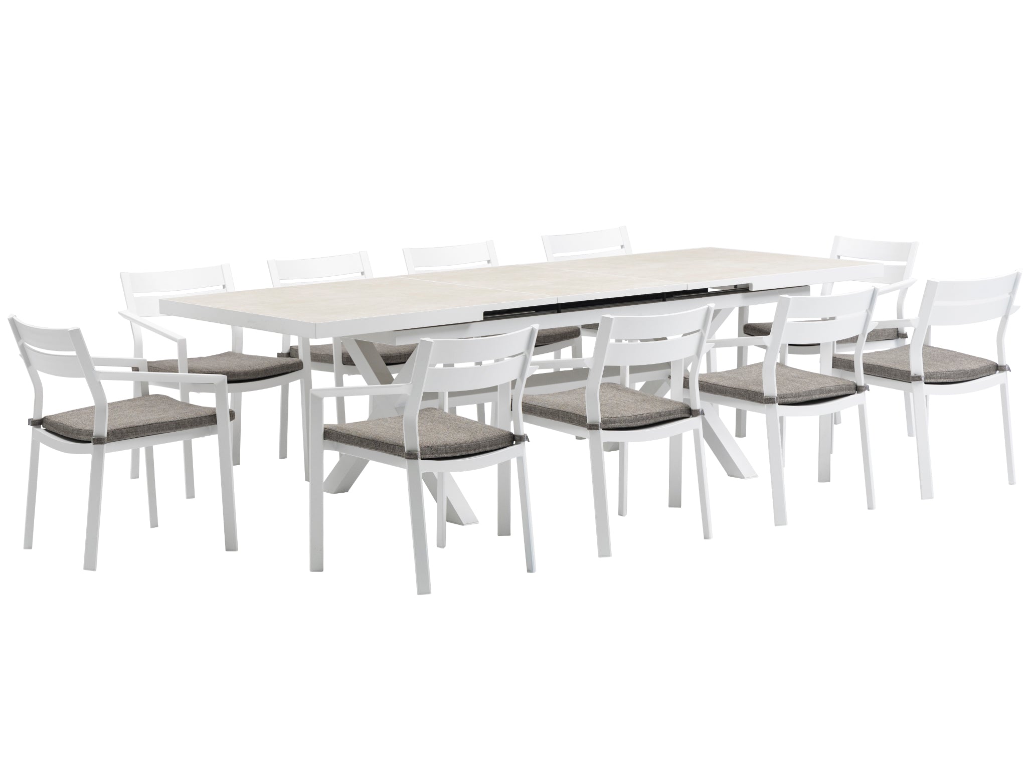 FurnitureOkay Bondi-Mosman 11-Piece Ceramic Outdoor Extendable Dining Setting — White