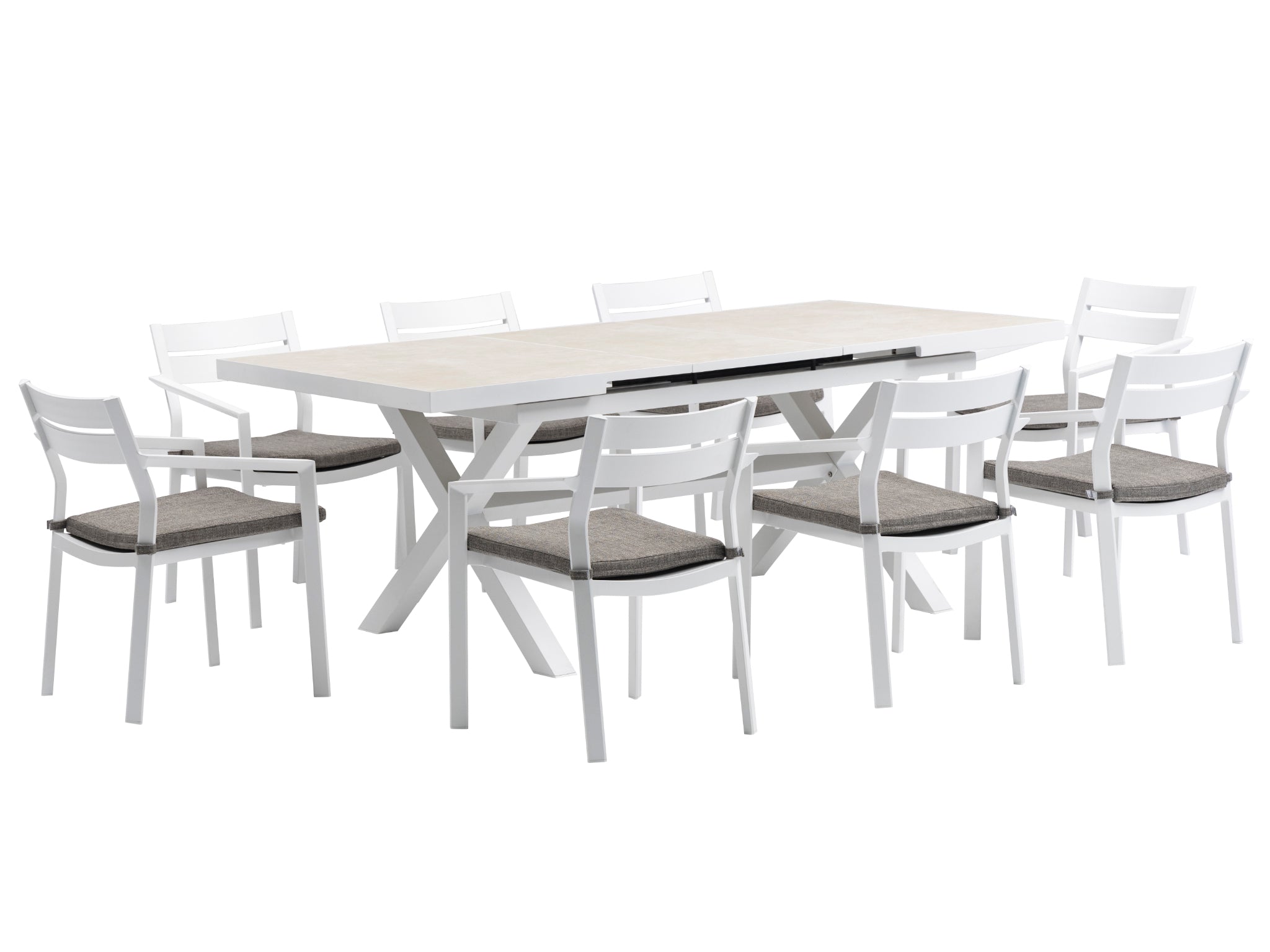 FurnitureOkay Bondi-Mosman 9-Piece Ceramic Outdoor Extendable Dining Setting — White