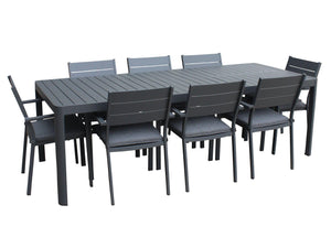 FurnitureOkay Eden 9-Piece Aluminium Outdoor Extendable Dining Setting — Charcoal