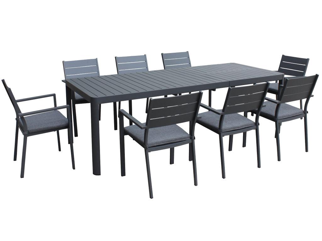 FurnitureOkay Eden 9-Piece Aluminium Outdoor Extendable Dining Setting — Charcoal