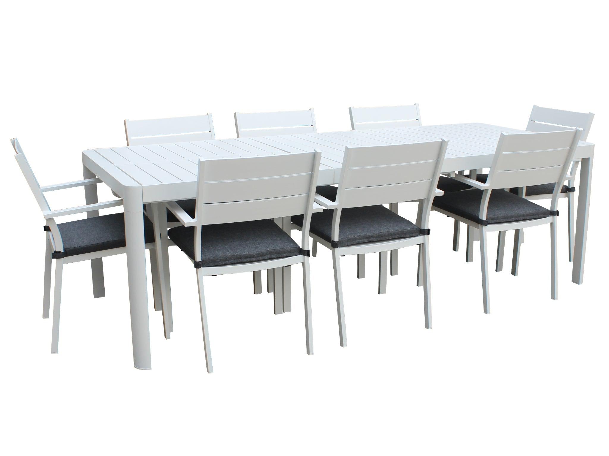 FurnitureOkay Eden 9-Piece Aluminium Outdoor Extendable Dining Setting — White