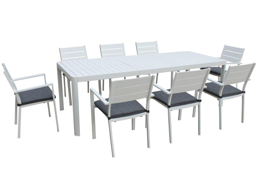 FurnitureOkay Eden 9-Piece Aluminium Outdoor Extendable Dining Setting — White