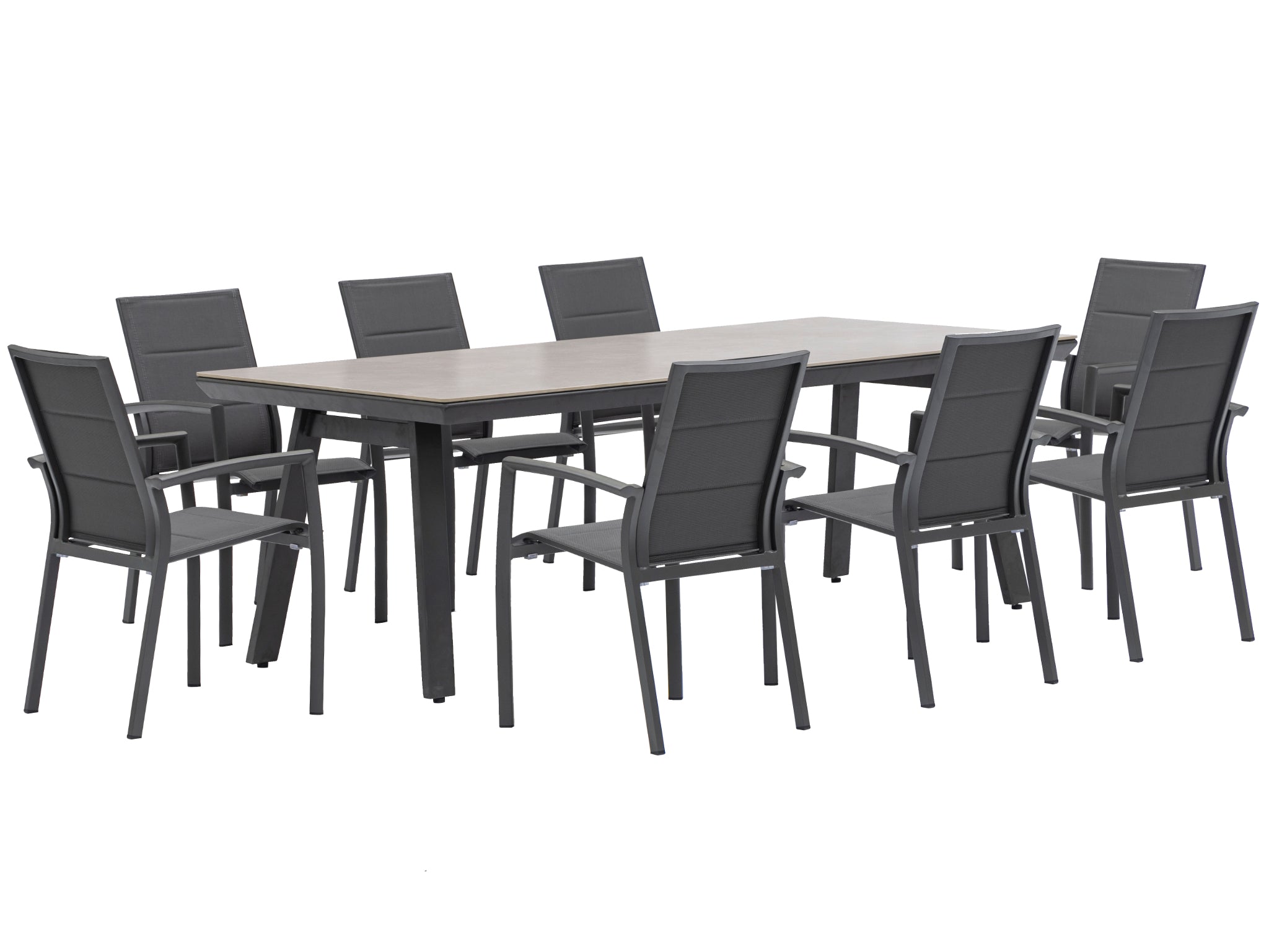 FurnitureOkay Marina-Capri 9-Piece Sintered Stone Outdoor Dining Setting — Charcoal