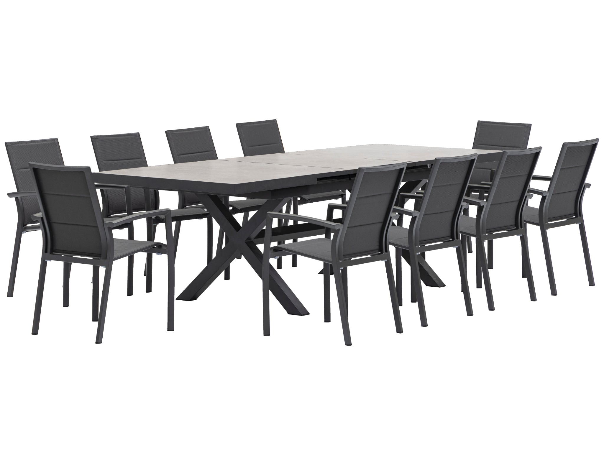FurnitureOkay Marina-Mosman 11-Piece Ceramic Outdoor Extendable Dining Setting — Charcoal