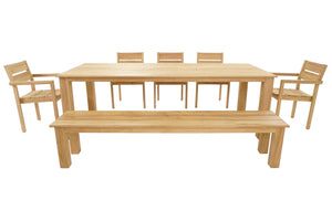 Teak outdoor dining set with six chairs and two benches