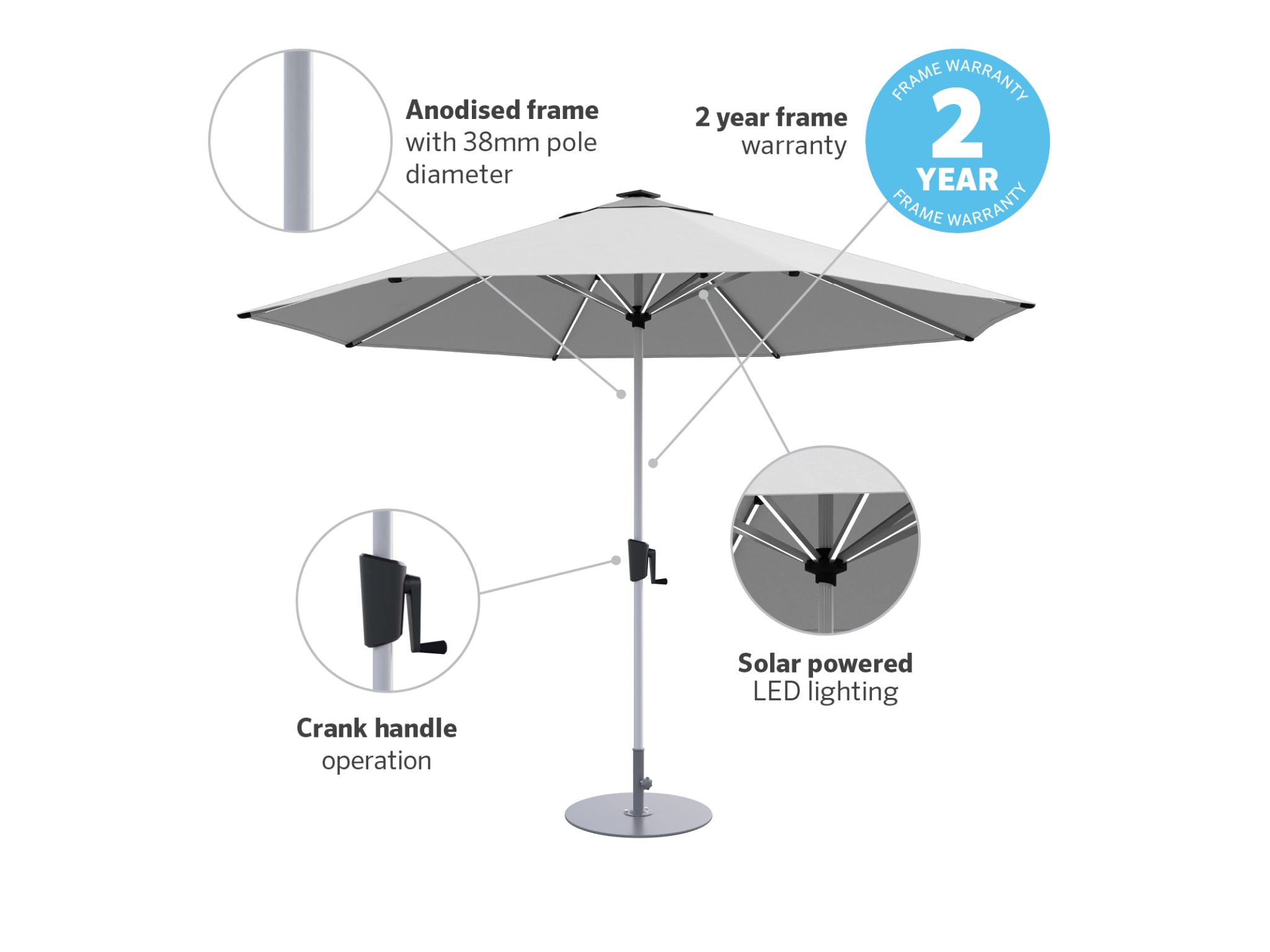 Coolaroo Bondi 3m Round LED Market Umbrella — Steel