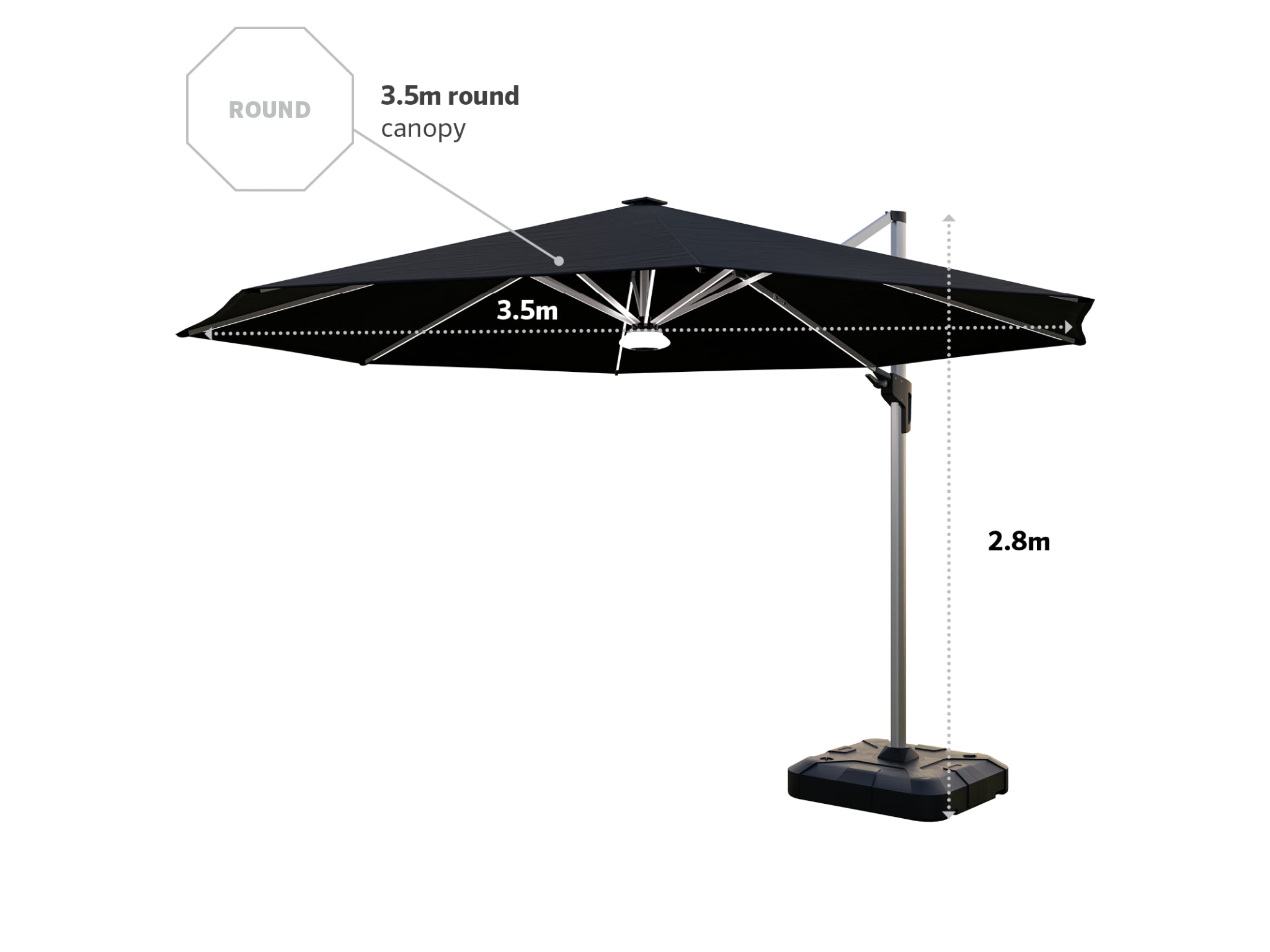 Coolaroo Brighton 3.5m Round LED Cantilever Umbrella — Black